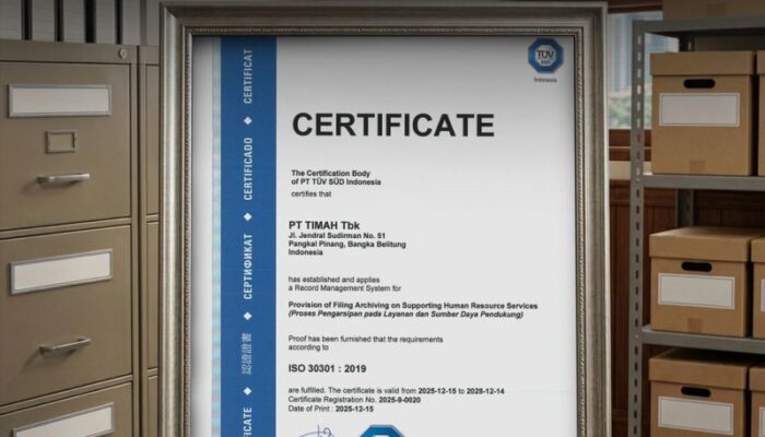 PT Timah Raih Sertifikasi ISO 30301:2019, Perkuat Tata Kelola Arsip Perusahaan